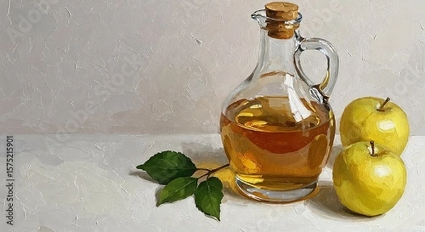 Fototapeta Glass decanter with apple cider and yellow apples on table  