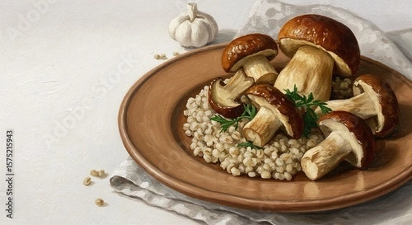 Fototapeta Mushroom and barley dish served on a brown plate with garlic  