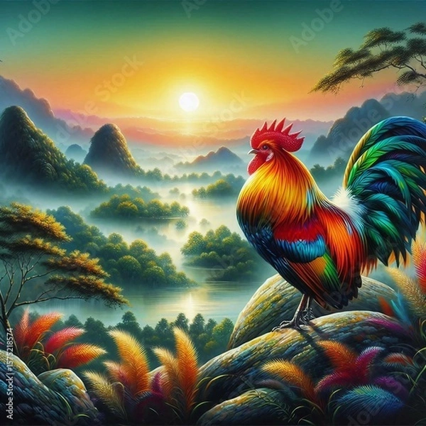 Fototapeta A painting of beautiful rooster on a background of scenic landscape and light.