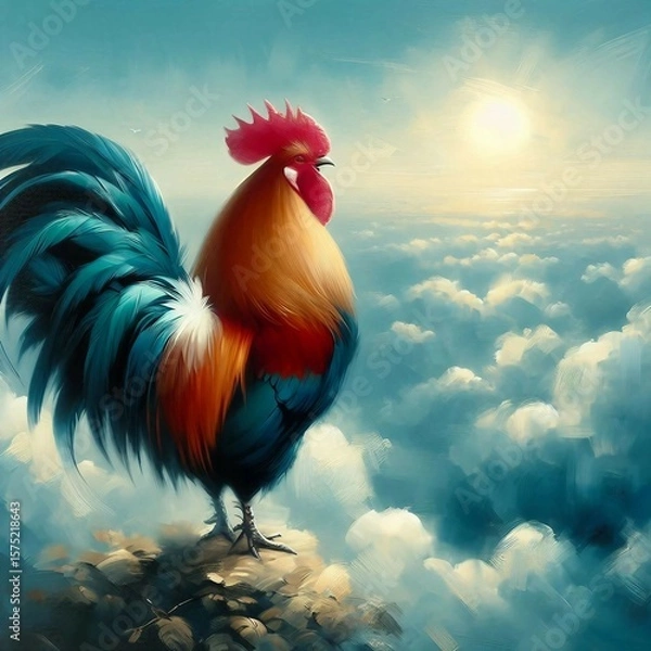Fototapeta A painting of beautiful rooster on a background of clouds and sunrise.  