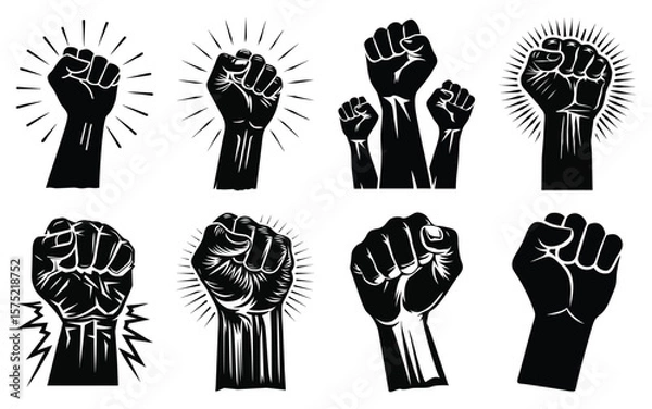 Fototapeta Collection of black fist symbols representing power unity resistance and strength against a white background