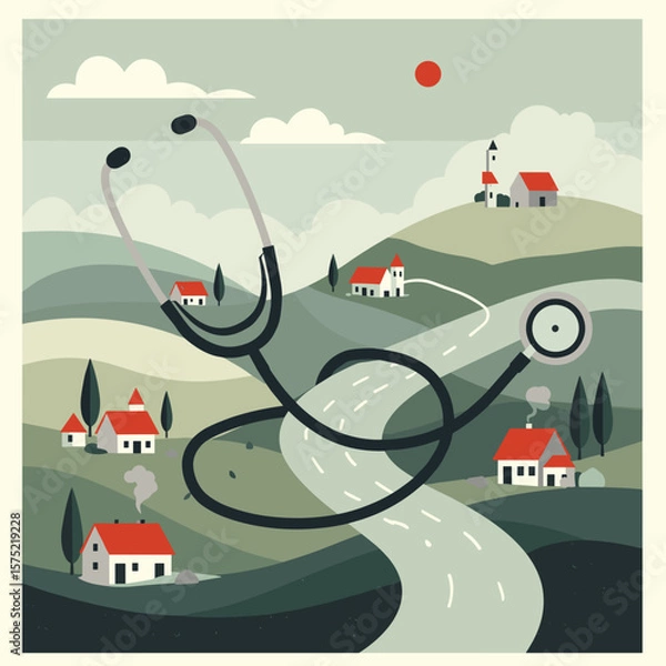 Fototapeta Stethoscope resembling a river winding through abstract countryside landscape  