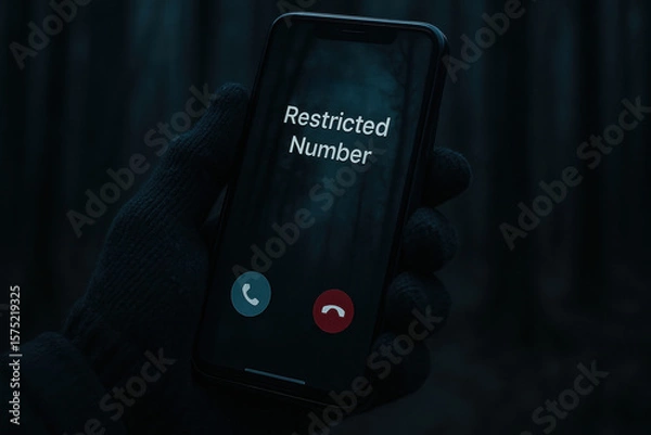 Fototapeta Gloved hand holding smartphone with incoming restricted number call in dark mysterious forest environment