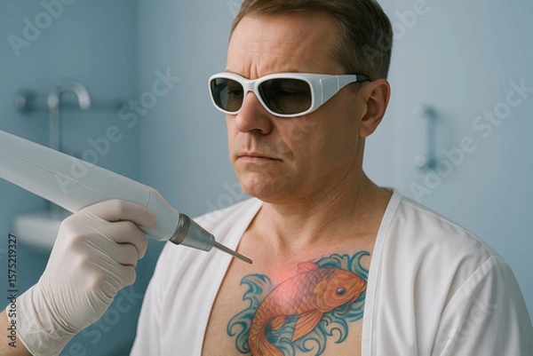 Fototapeta Middle aged man undergoing laser tattoo removal on chest in medical clinic, focused on large colorful fish design