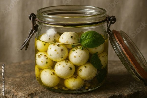 Fototapeta Fresh mozzarella cheese balls marinated in olive oil with herbs and spices, preserved in glass jar on rustic stone surface