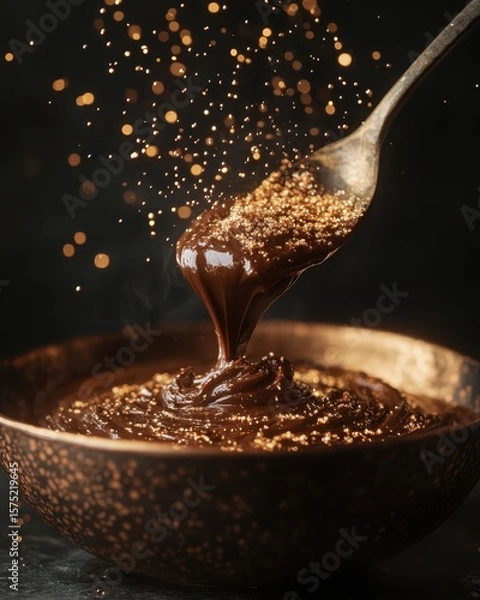 Fototapeta Chocolate Mixture with Golden Sprinkles in a Dark Environment