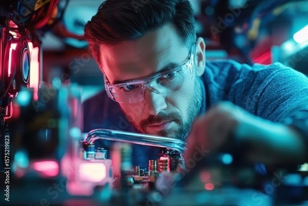 Fototapeta Focused Technician Working on Electronic Components in Laboratory