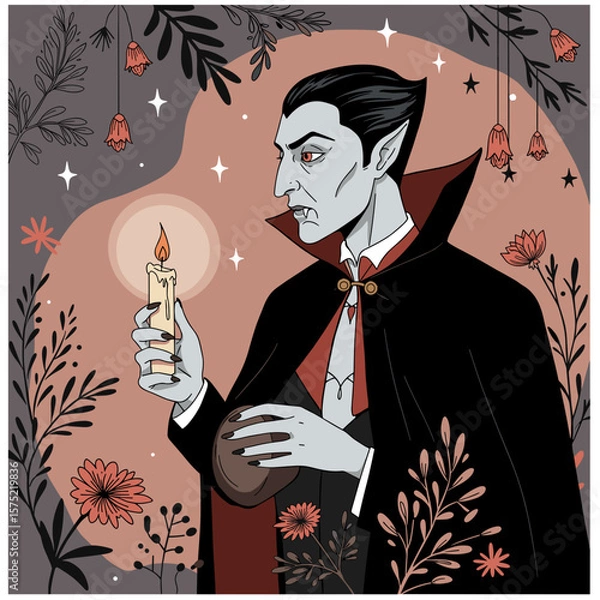 Fototapeta Vampire holding candle while surrounded by flowers and leaves  