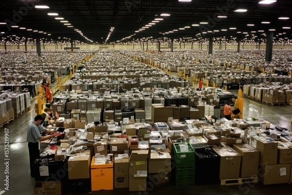 Fototapeta Vast Distribution Center with Workers Organizing Packages and Goods