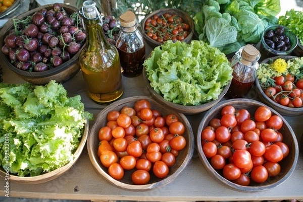 Fototapeta Fresh Organic Produce Display with Colorful Vegetables and Oils