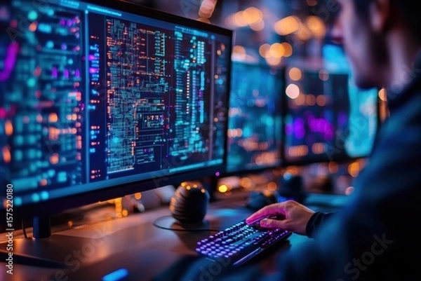 Fototapeta Futuristic Programmer Analyzing Data on High-Tech Monitors