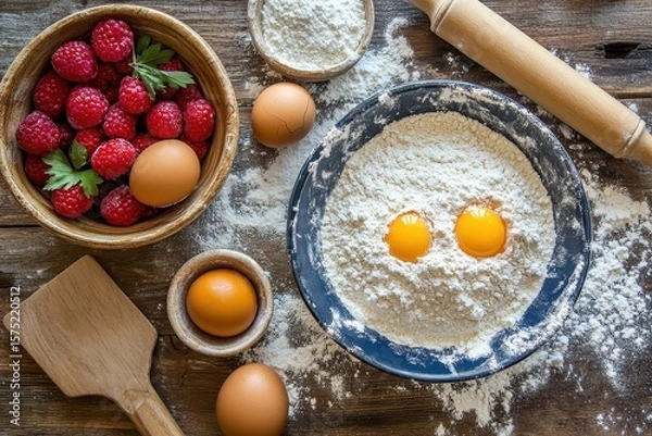 Fototapeta Fresh Ingredients for Baking with Eggs, Flour, and Raspberries