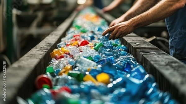 Fototapeta Recycling Process with Hands Sorting Plastic Bottles on Conveyor Belt