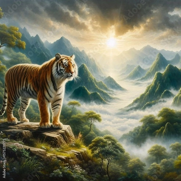 Fototapeta A painting of beautiful tiger on a background of lush green hills and light.