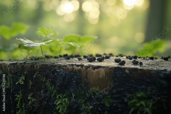 Fototapeta Close-Up of Tree Stump with Leaves and Background Bokeh Effect