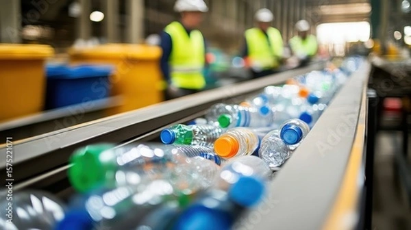 Fototapeta Workers Sorting Recyclable Plastic Bottles in a Modern Facility