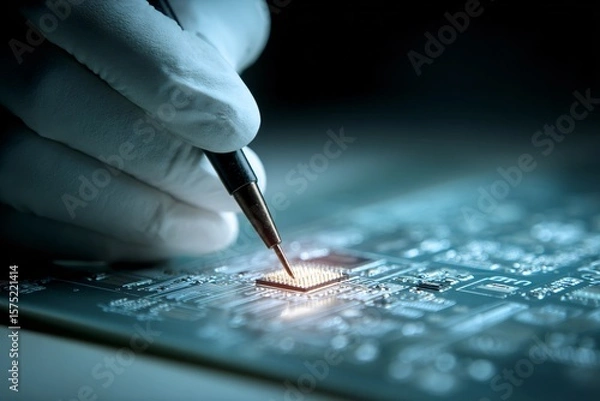Fototapeta Macro Photography of Innovative Circuit Board Assembly Process in a Controlled Lab Environment