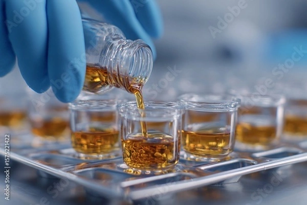 Fototapeta Pouring Liquid Samples in Laboratory Science Facility Experiment Setup Close-Up View Research Process