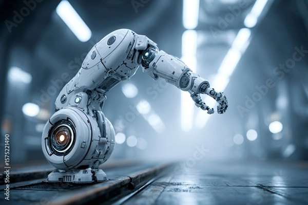 Fototapeta Robotic Arm in Industrial Workspace Futuristic Environment High-Tech Design Close-Up View