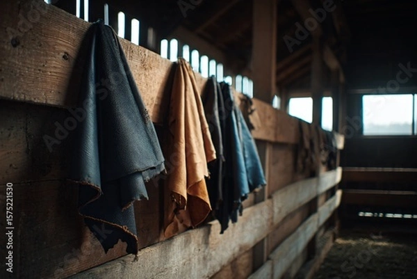 Fototapeta Hanging Fabrics in a Rustic Barn Textile Display Interior Design Warm Atmosphere Close-Up View