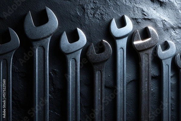 Fototapeta Tools in Action Wrenches Displayed on Dark Surface Industrial Environment Close-Up View
