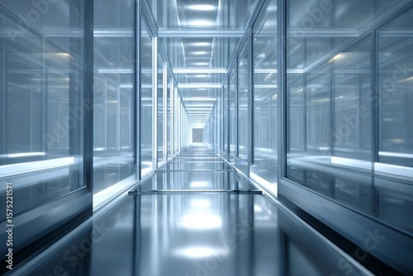 Fototapeta Exploring a Modern Glass Corridor Futuristic Building Digital Art Minimalist Design Perspective View