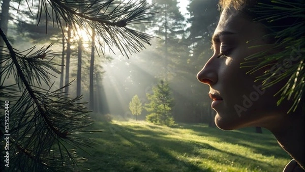 Fototapeta Serene forest retreat vibe—soft light filters through pine needles onto a calm face, evoking tranquility and natural wellness.