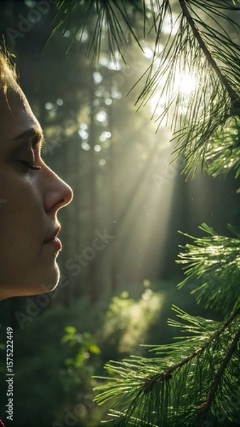 Fototapeta Serene forest retreat vibe—soft light filters through pine needles onto a calm face, evoking tranquility and natural wellness.