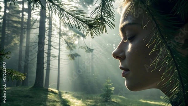 Fototapeta Serene forest retreat vibe—soft light filters through pine needles onto a calm face, evoking tranquility and natural wellness.