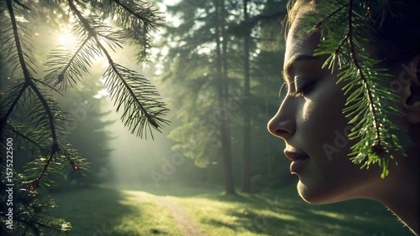 Fototapeta Serene forest retreat vibe—soft light filters through pine needles onto a calm face, evoking tranquility and natural wellness.