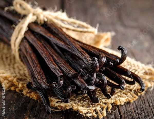 Fototapeta Dry Vanilla Pods Arranged in a Rustic Setting