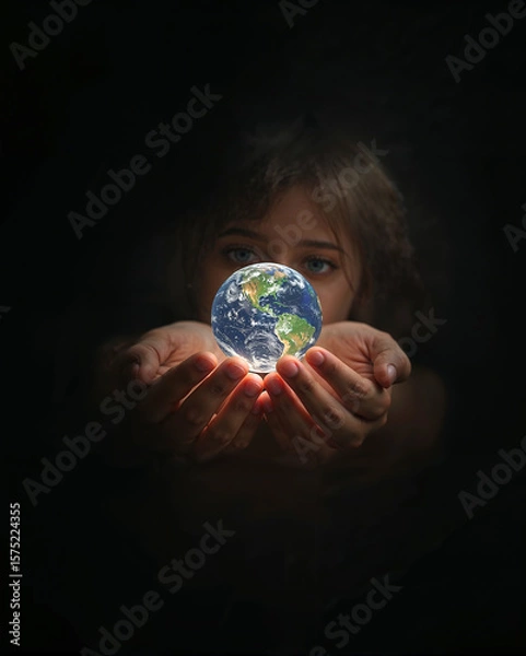 Fototapeta Ethereal Glow. Child's Hands Cradle Glowing Earth