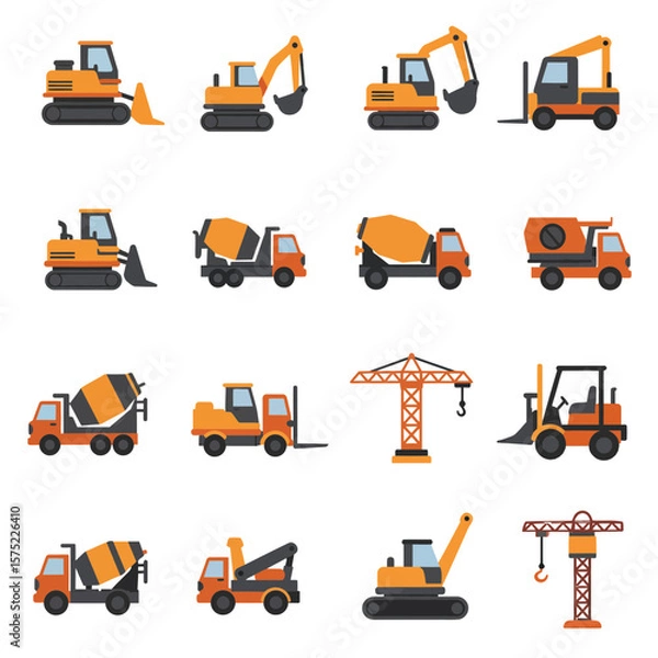 Fototapeta Construction Icon Set Flat Solid Style Illustrations of Heavy Machinery and Equipment for Construction Sites and Engineering Projects