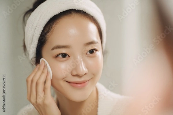 Fototapeta Skincare routine: a woman gently cleanses her face with a cotton pad. Radiant complexion, self-care, and a fresh-faced smile.