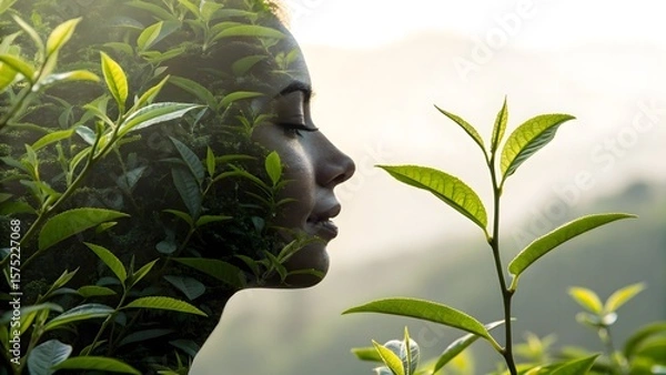 Fototapeta Subtle wellness visual—tea leaves cast intricate shadows on a serene face, conjuring purity and eco-conscious skincare narratives.