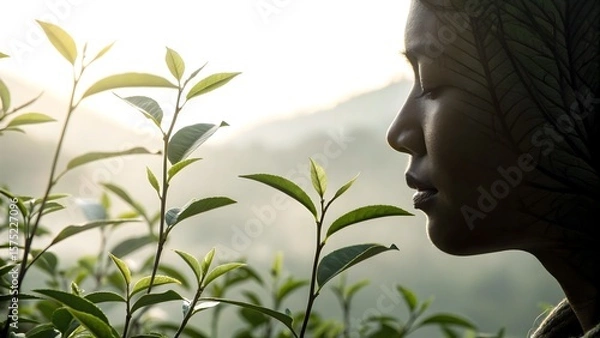 Fototapeta Subtle wellness visual—tea leaves cast intricate shadows on a serene face, conjuring purity and eco-conscious skincare narratives.
