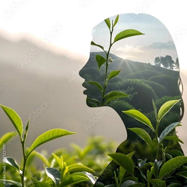 Fototapeta Subtle wellness visual—tea leaves cast intricate shadows on a serene face, conjuring purity and eco-conscious skincare narratives.