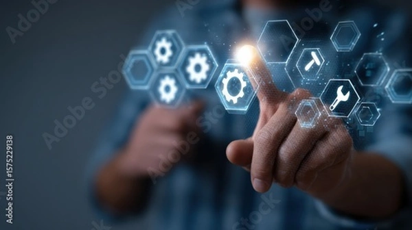 Fototapeta Businessman touching glowing digital icons representing maintenance and repair, futuristic interface with wrench and gear symbols.