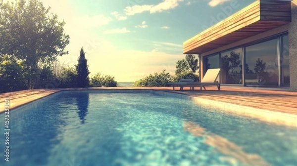 Obraz Modern house with pool overlooking ocean