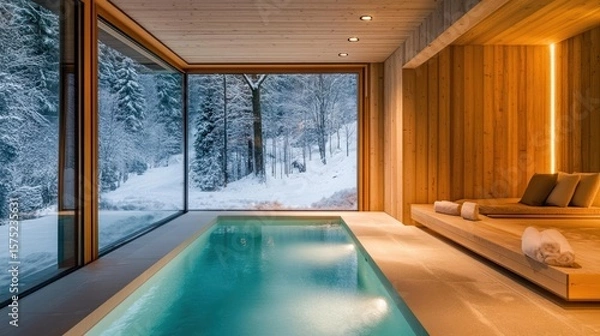 Obraz Modern indoor pool with snowy forest views