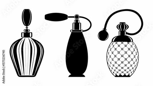 Obraz Three perfume bottles in black and white with different designs and sprayers displayed together nicely | editable eps vectors silhouette
