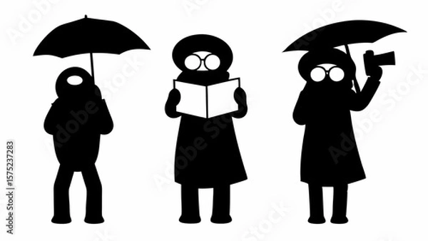 Fototapeta Three figures in silhouette one with umbrella one reading and one with camera and umbrella in black | editable eps vectors