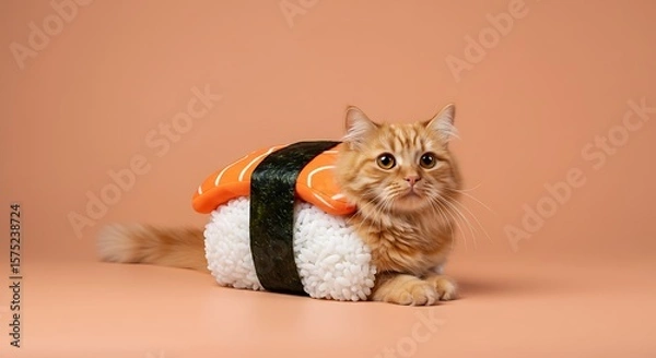Fototapeta A ginger cat lies down, wearing a sushi costume with salmon topping, against a peach background.