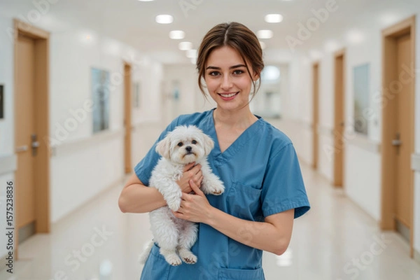 Obraz Ukrainian Nurse Holding Small Dog in Modern Clinic Lobby with Blurred Background