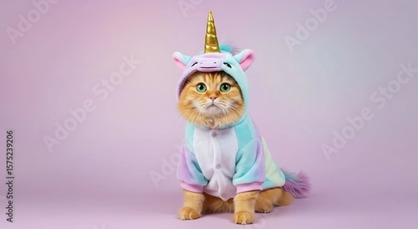 Fototapeta Cute Cat In A Unicorn Onesie With Colorful Mane And Golden Horn, Sitting Proudly, Pastel Rainbow Gradient Background, Studio Lighting, Magical Tone