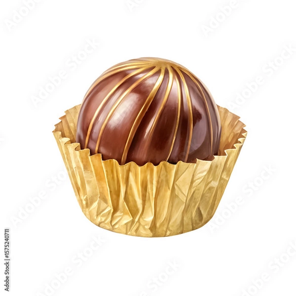 Fototapeta Watercolor chocolate truffle in gold wrapper, single object