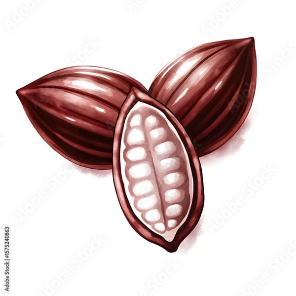 Fototapeta Flat lay watercolor cocoa beans with leaf accent