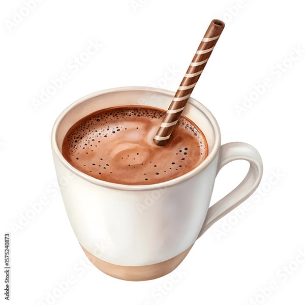 Fototapeta Watercolor cup of hot cocoa with chocolate stick stirrer