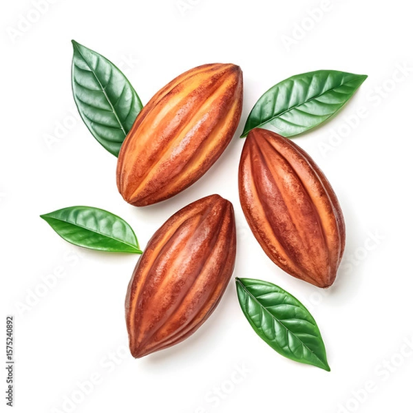 Fototapeta Flat lay watercolor cocoa beans with leaf accent