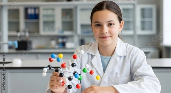 Fototapeta Young Female Scientist in Lab Coat Holding Molecular Model  Future Scientist Holding Atom Model in Well-Equipped Lab  Young Student Engaged in Science Experiment with Molecular Kit 